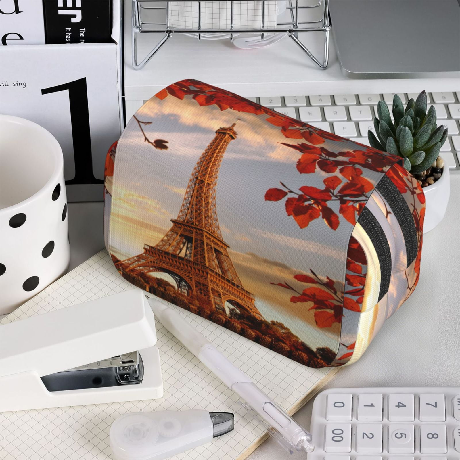 Rateoe Eiffel Tower Pattern Double Clamshell Pen Case, Storage Organizer with Two Zipper Compartments– Holds Up to 50 Pencils & Pens