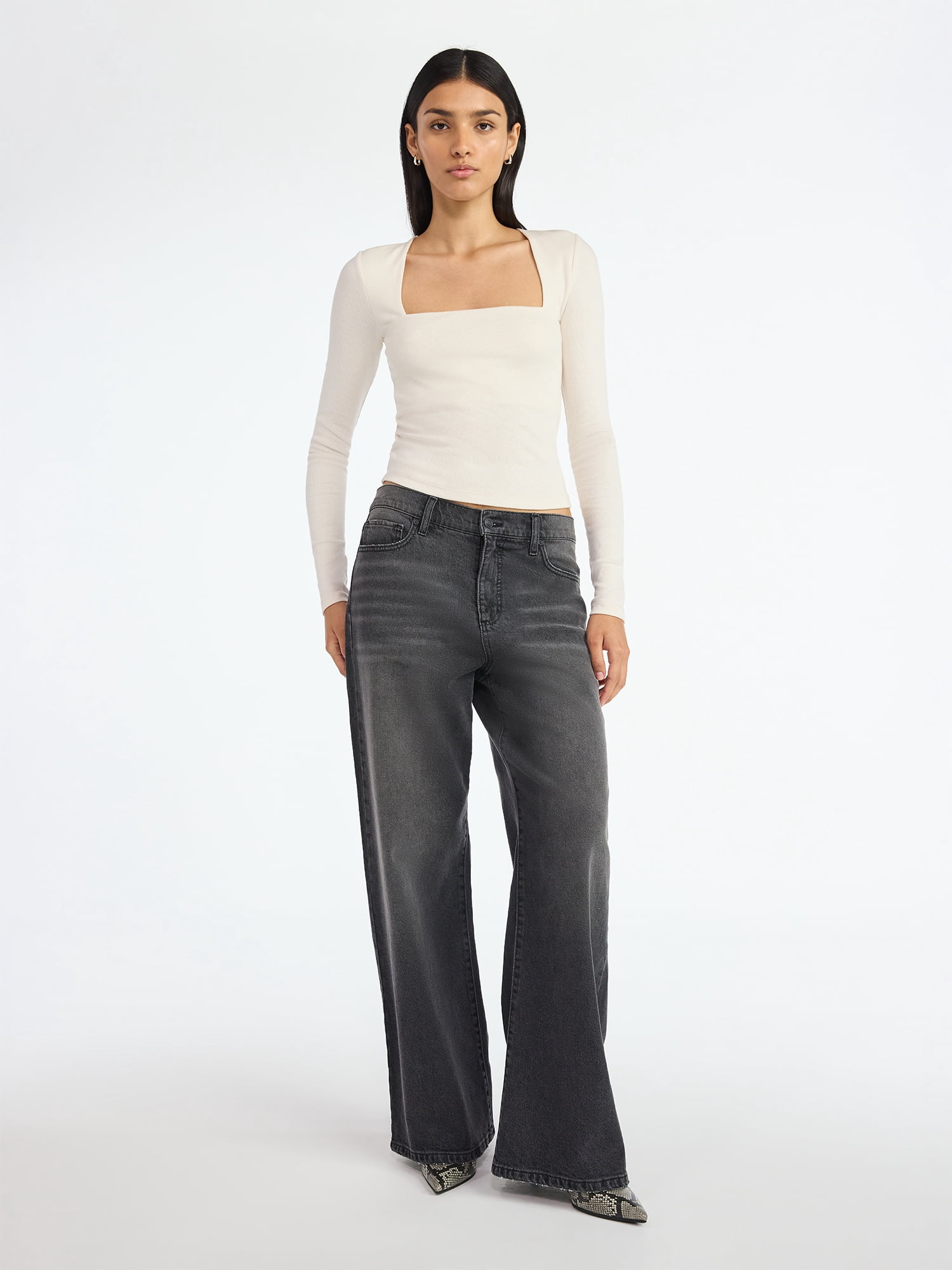 Scoop Women’s Ribbed Square Neck Top with Long Sleeves, Sizes XS-XXL
