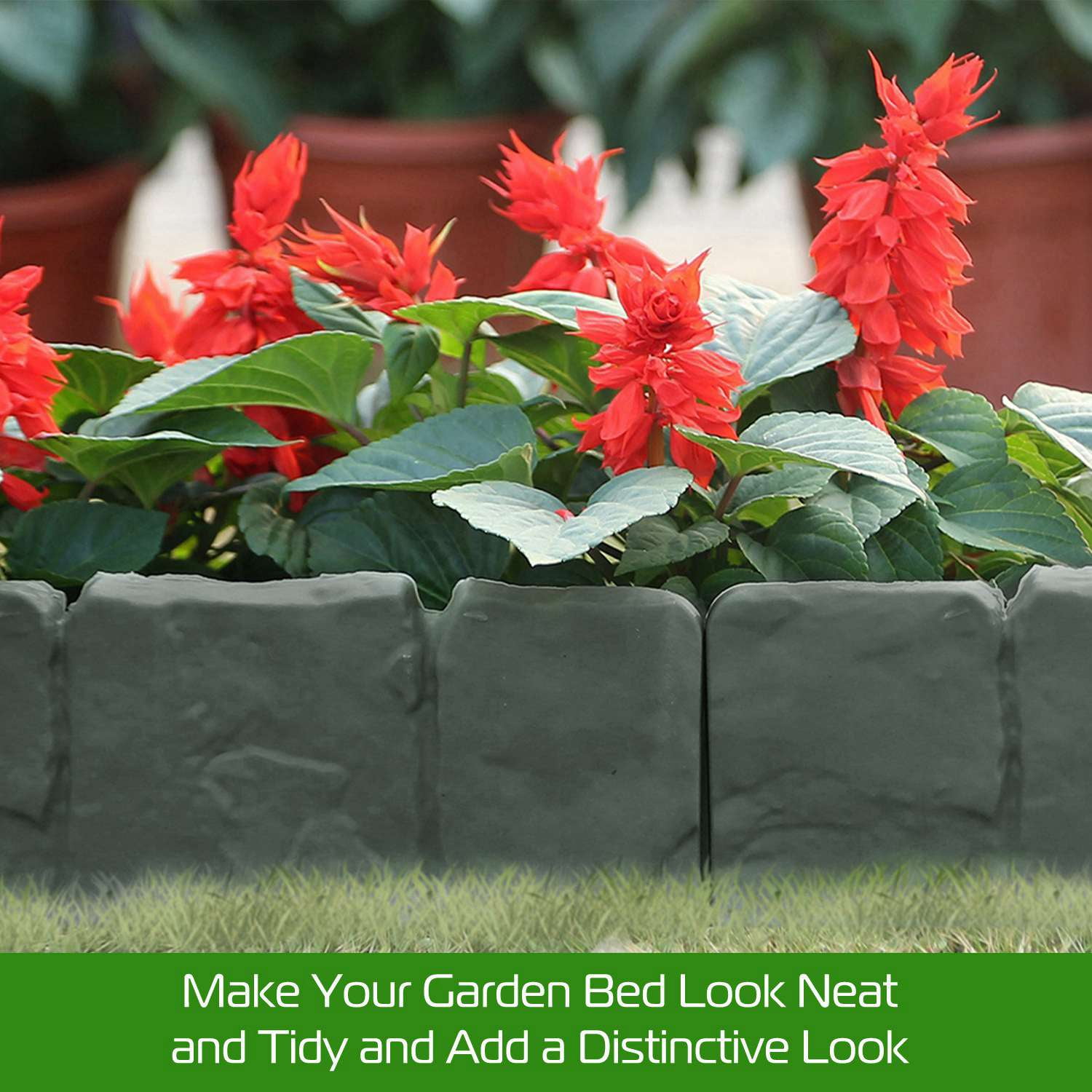 TeqHome 20Pcs Plastic Garden Landscape Edging Border Stone Fence for DIY Outdoor Lawn Patio Yard Easy to Install Gray Green