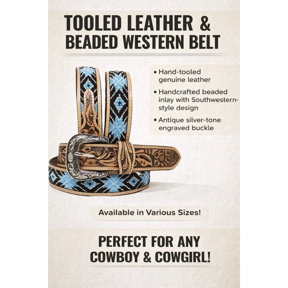 43-44  Unisex 1.5" Western Floral Tooled Beaded Full-Grain Leather Belt 26RT38