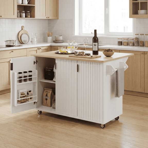 Homy Casa 51.3" Rolling Kitchen Island Cart with Drop Leaf Storage Cabinet Spice Rack White