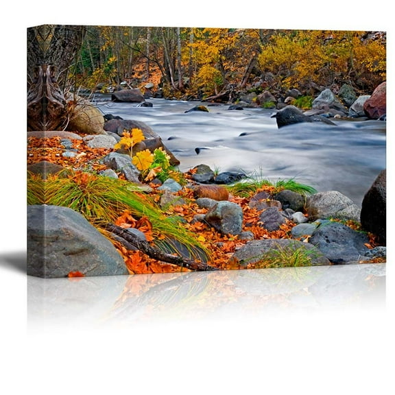 wall26 - Rocky Lake on a Forest During Fall Time - Canvas Art Home Art - 16x24 inches
