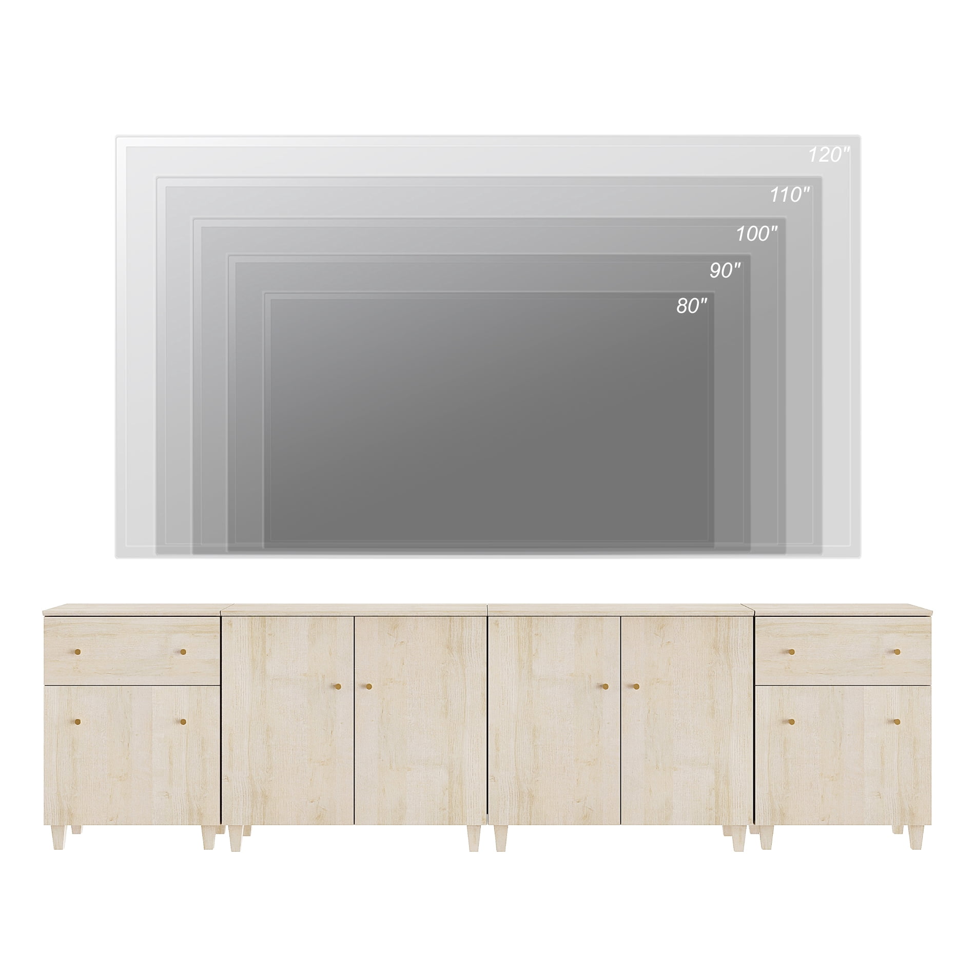 WAMPAT Wide TV Stand for 110+ Inches TVs, 4-in-1 Modern Wooden Media Console with 2 Spacious Drawers and 4 Storage Cabinets for Living Room, Light Oak