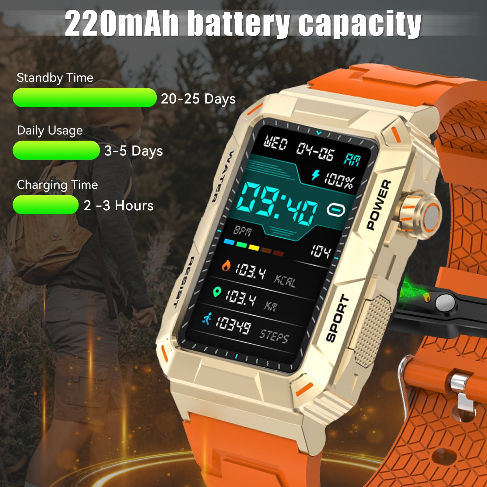 VOPOCO MT88 Rugged Smartwatch Big Screen HD Smart Watch for Men IP67 Waterproof Outdoor Watch Compatible with iOS Android, 1pc