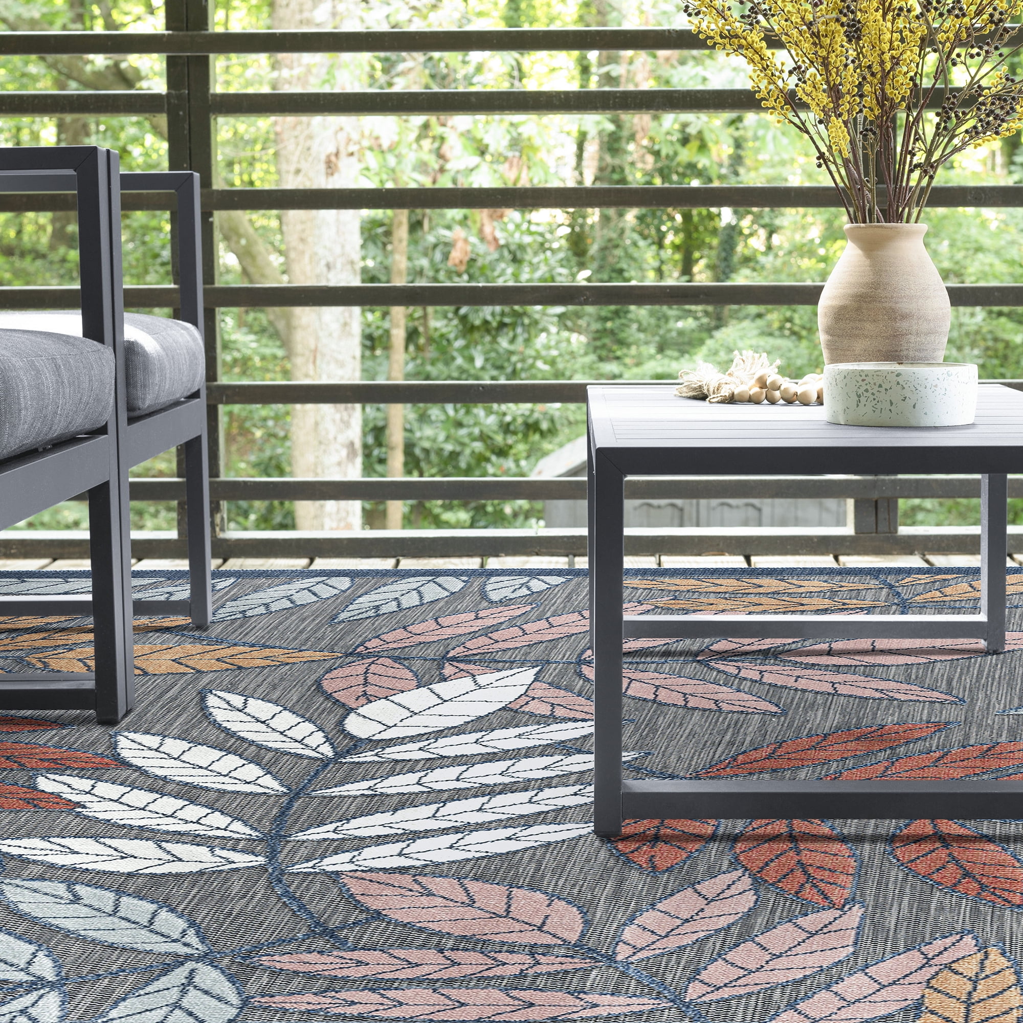 8x10 Water Resistant, Large Indoor Outdoor Rugs for Patios, Front Door Entry, Entryway, Deck, Porch, Balcony | Outside Area Rug for Patio | Black, Floral | Size: 7'7'' x 10'3''