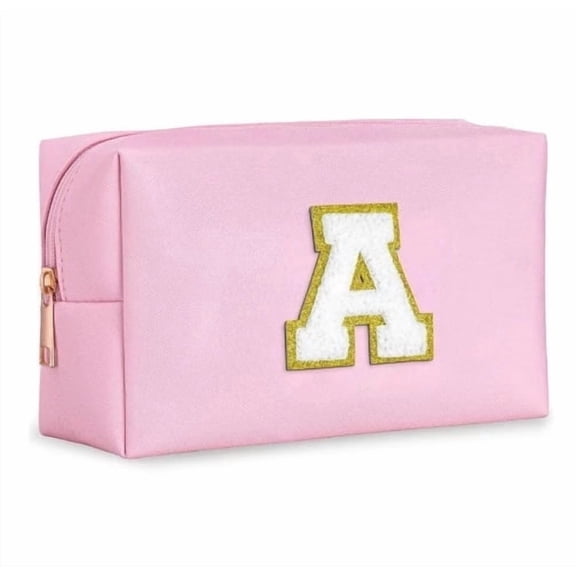 Personalized Initial A Makeup Bag, Preppy Chenille Letter Cosmetic Pouch, Waterproof PU Leather Travel Toiletry Bag for Women Girls
