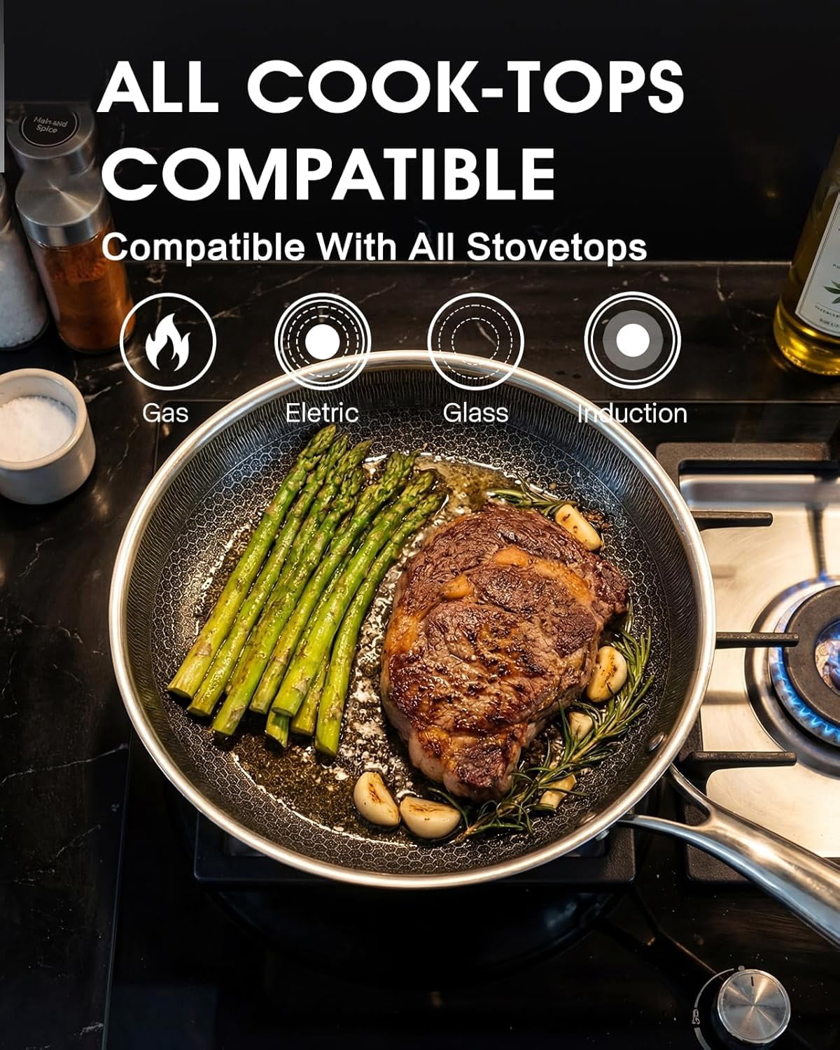 10 Inch Non Stick Frying Pan with Lid, Hybrid Stainless Steel Skillet for All Cooktops