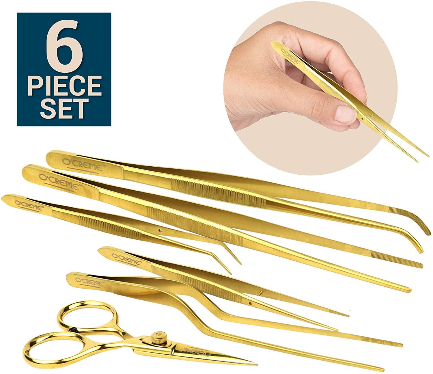 O'Creme Set of Culinary Tweezer Tongs Offset, Straight and Curved, Plus Super Sharp Chef Scissors, Total 6 Pieces Gold