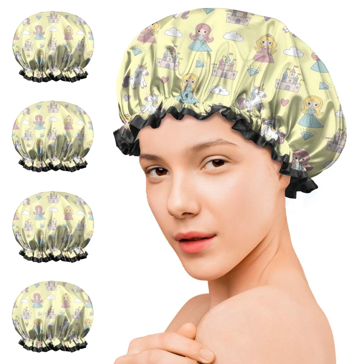 Shower Caps,Yellow Princess Unicorn Pattern Waterproof Shower Cap for Women 4 Pieces,Double Reusable Hair Cover for Shower PEVA Elastic Stretch Hem