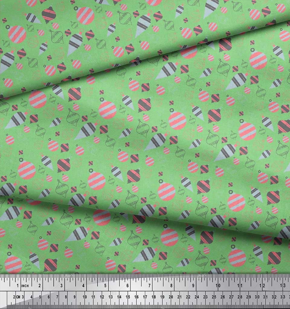Soimoi Green Rayon Fabric Baubles Christmas Print Fabric by Yard 56 Inch Wide