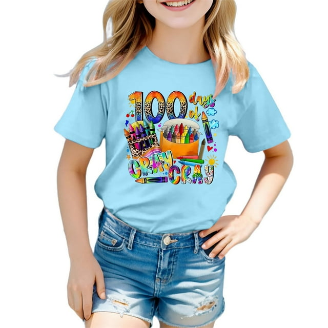 LUOGENLI T-Shirt pour Filles 100 Jours d'École Imprimé Mode Manches Courtes Col Rond Ample Décontracté T-Shirt Maxi Tops pour Filles Bleu Clair 12-13 Ans