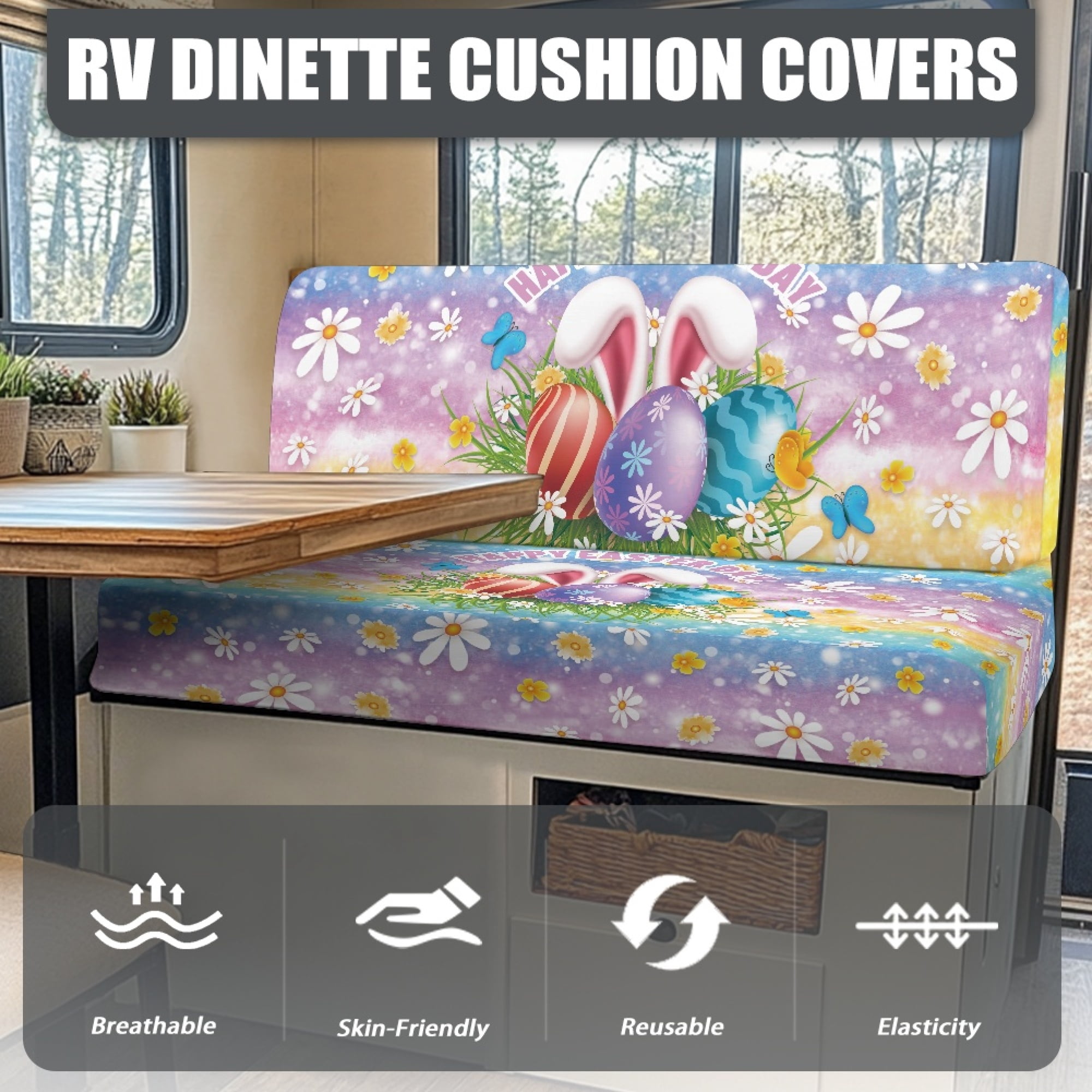 Yuyamidu Easter Egg RV Dinette Cushion Covers Booth Set Rabbit RV Cushion Slipcover 1 Bench Cover 1 Backrest Cover Stretch Camper Cushion Covers RV Couch Cover