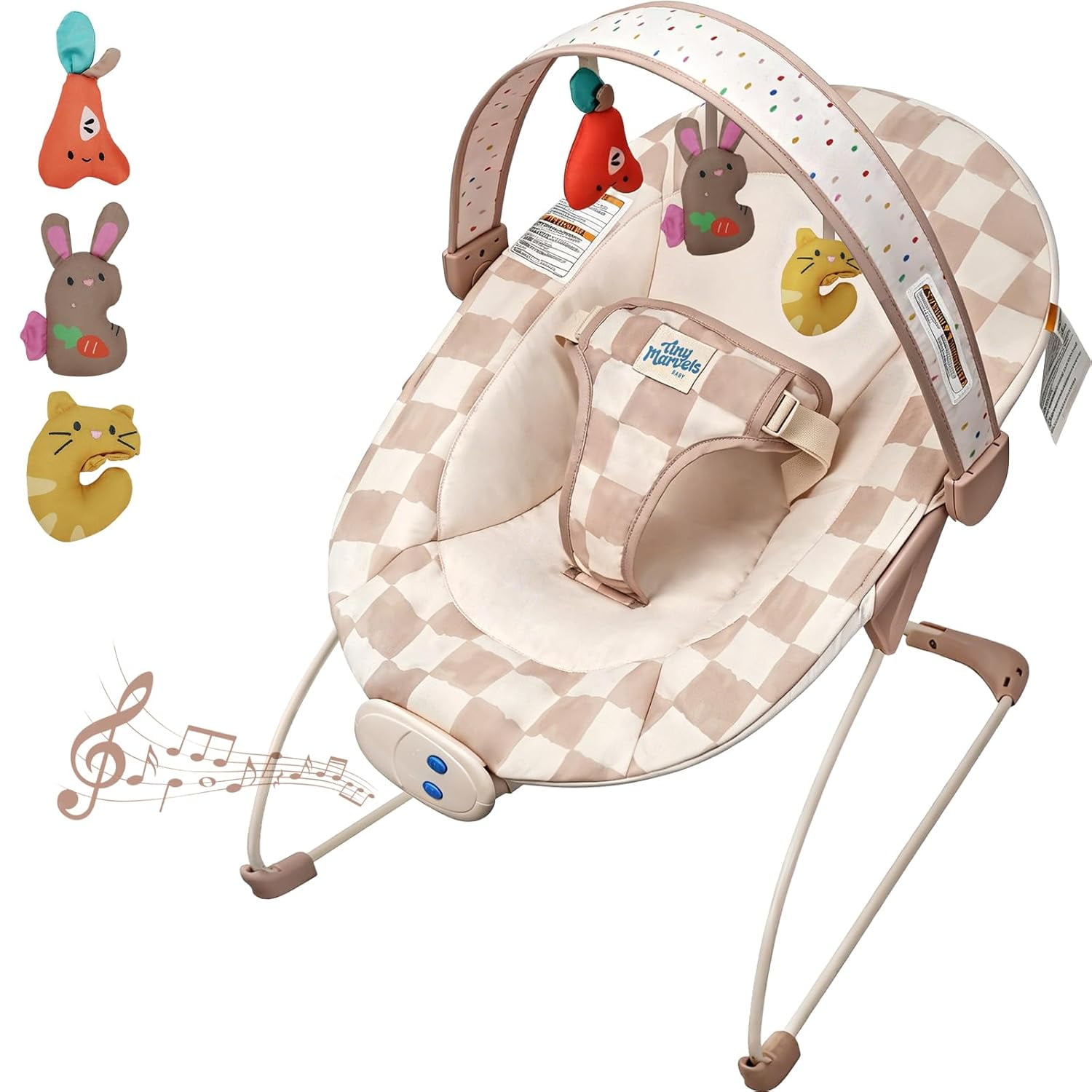 Tiny Marvels Baby Bouncer Seat with Soothing Vibrations and Music Sensory Toy, Age 0-6 Months(Sand Checks)