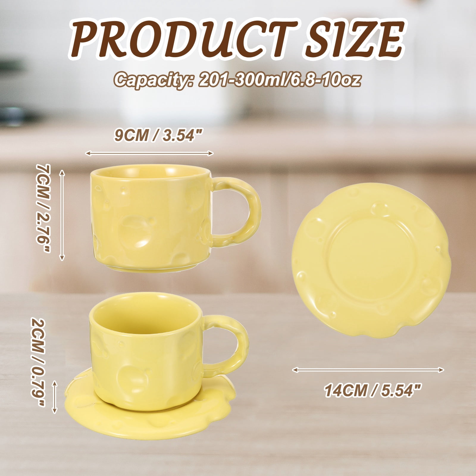 Uxcell 10oz Ceramic Coffee Mugs with Saucer Set, Creative Cute Cup with Handle Unique Irregular Design for Lovers Gift Tea Espresso Latte Kitchen Cafe, Dishwasher Yellow