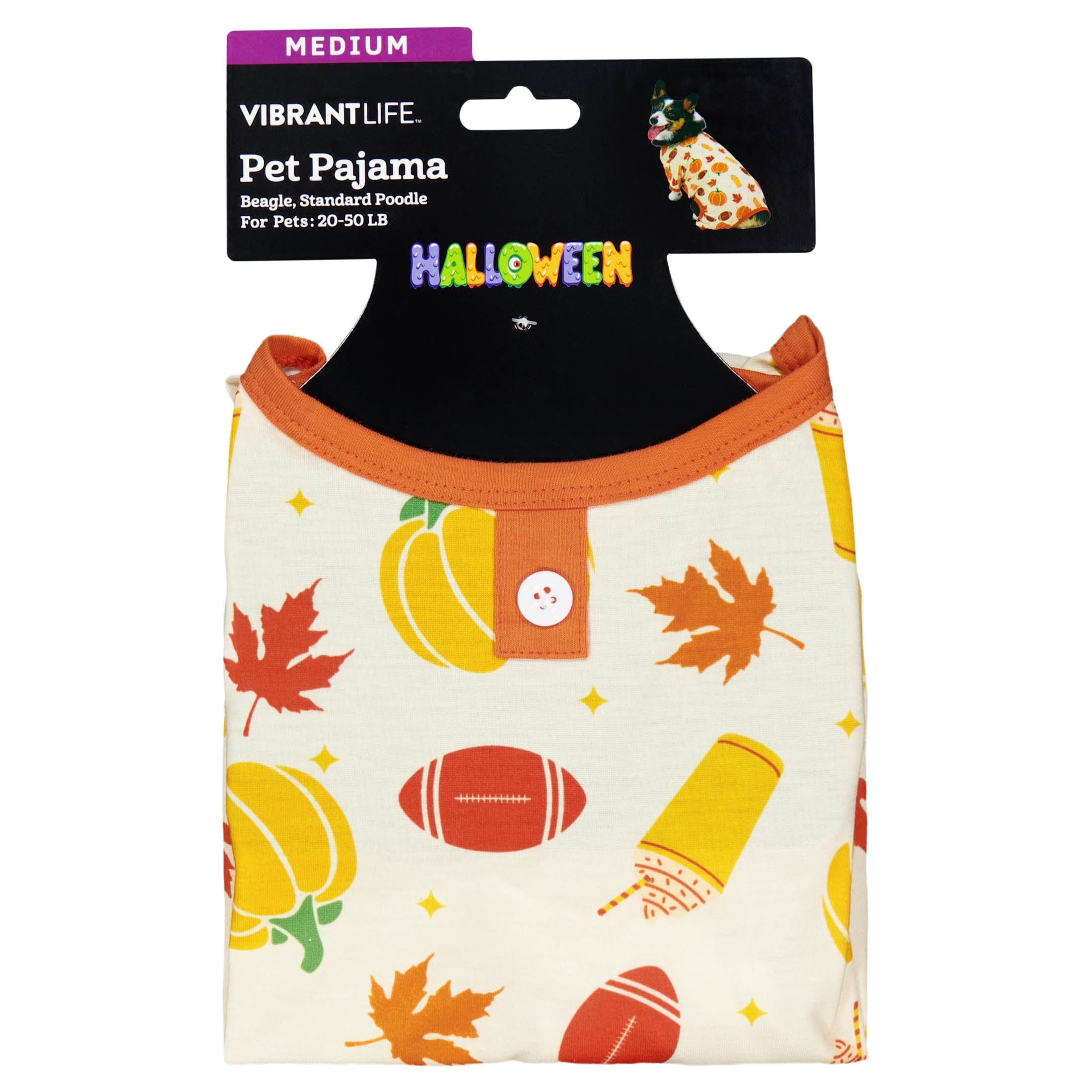 Vibrant Life Halloween Pajamas for Dogs, Pumpkins and Leaves, Orange, M