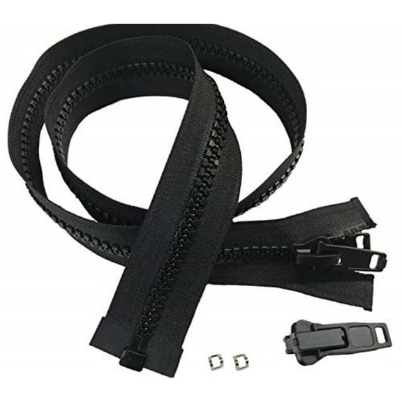 EZ-Xtend Lenzip #10 Separating Zipper For Canvas - Heavy Duty Cut To Length w/Double Plastic Locking Zipper Pull - Includes Stainless Steel Zipper Bottom Stop And Extra Slider Replacement (Black, 18")