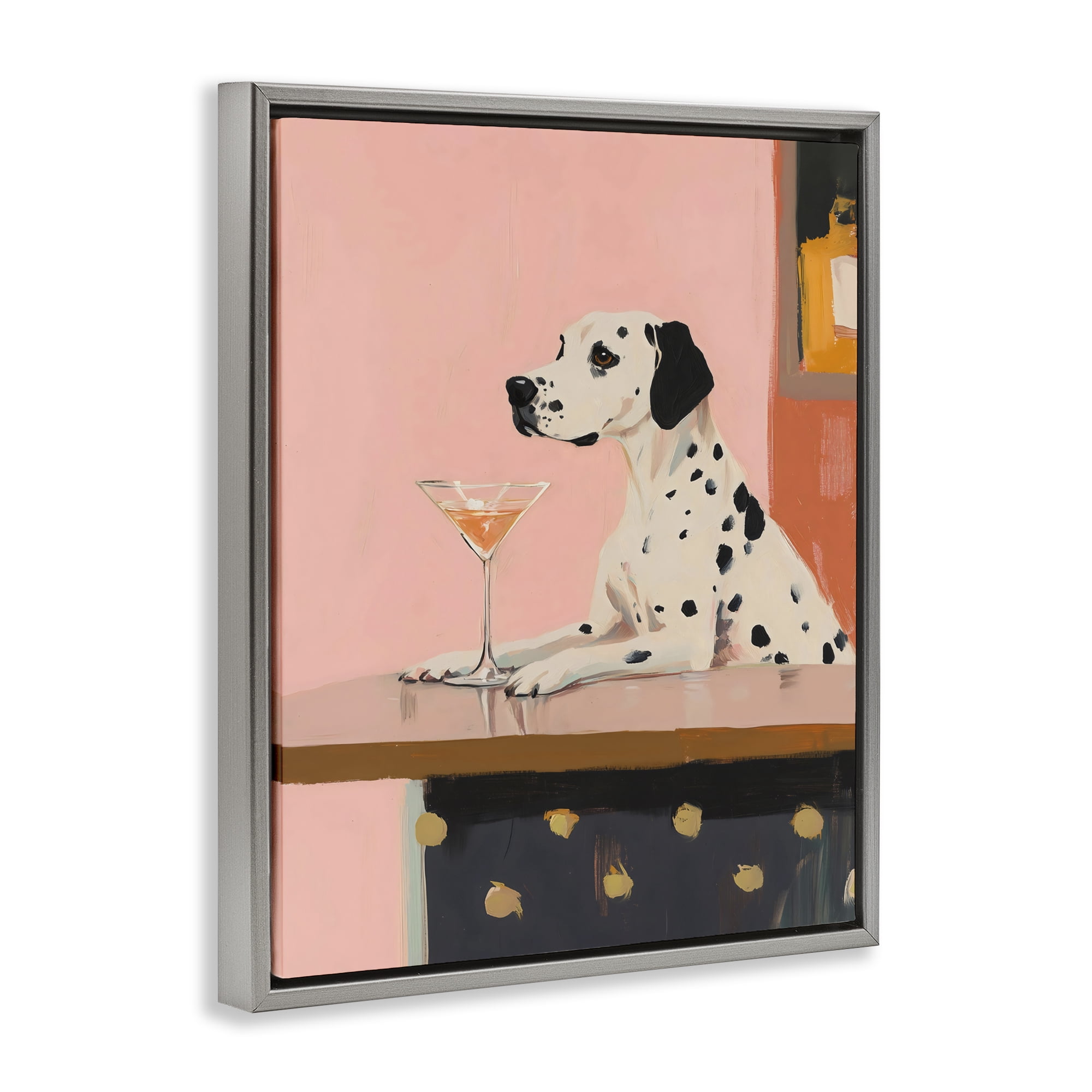 Stupell Industries Dalmatian at Cocktail Bar Gray Framed Floater Canvas Wall Art, design by The Prints Vibe
