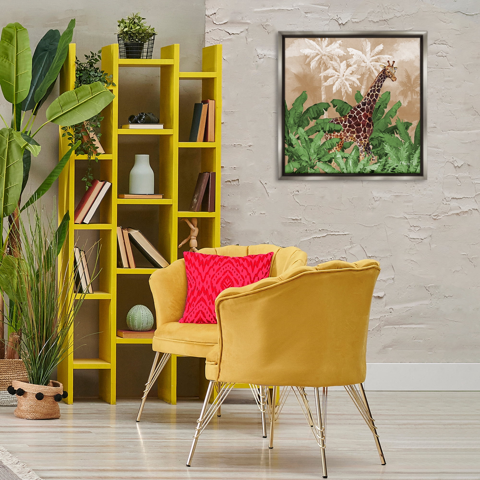 Stupell Industries Jungle Life Giraffe Animals & Insects Painting Gray Floater Framed Canvas Art Print Wall Art, 25 x 25