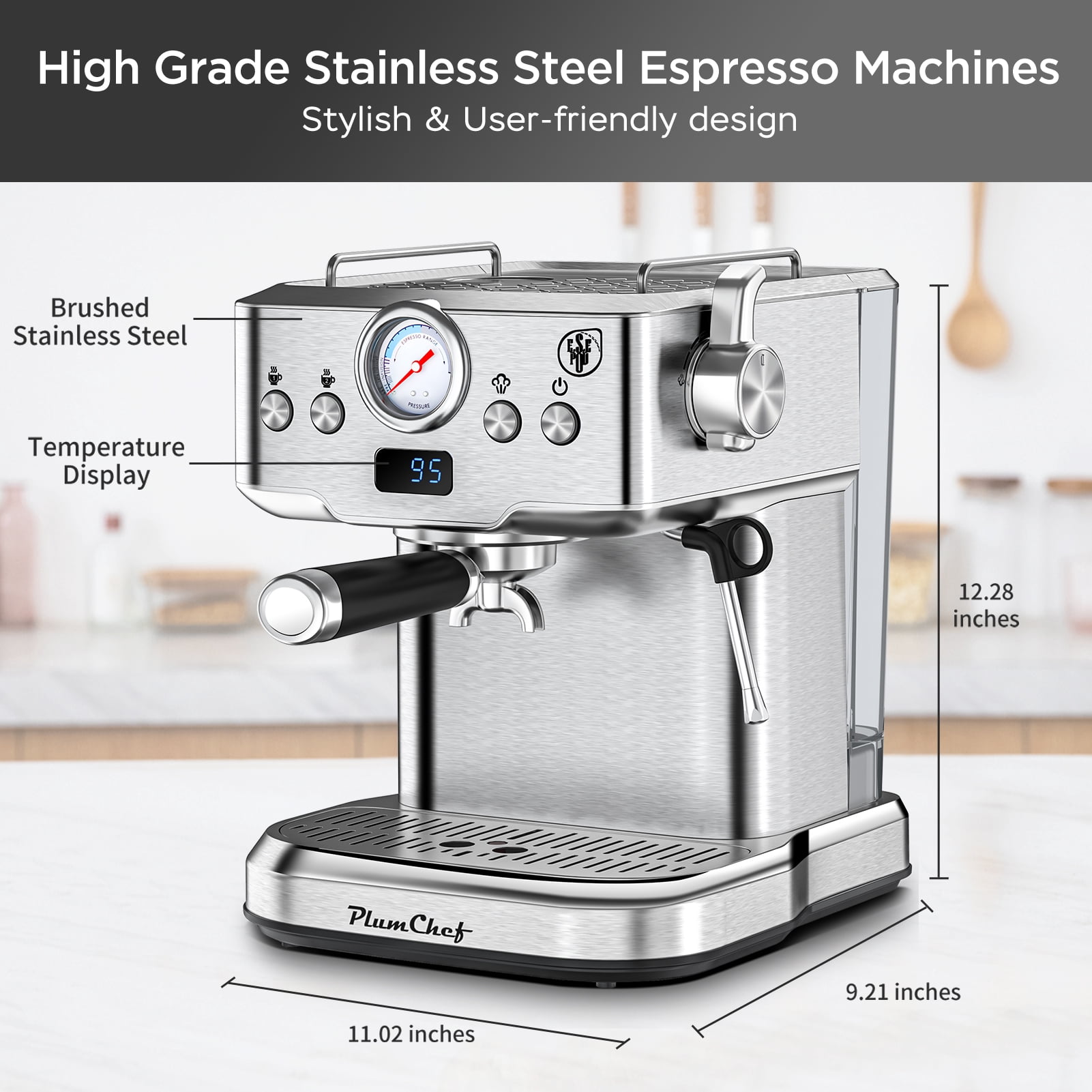 20 Bar Professional Espresso Machine with Milk Frother, Single & Double Shot, ESE Pod Compatible, Visual Temperature and Pressure Display, Removable Water Tank for Cappuccino, Latte, & Macchiato