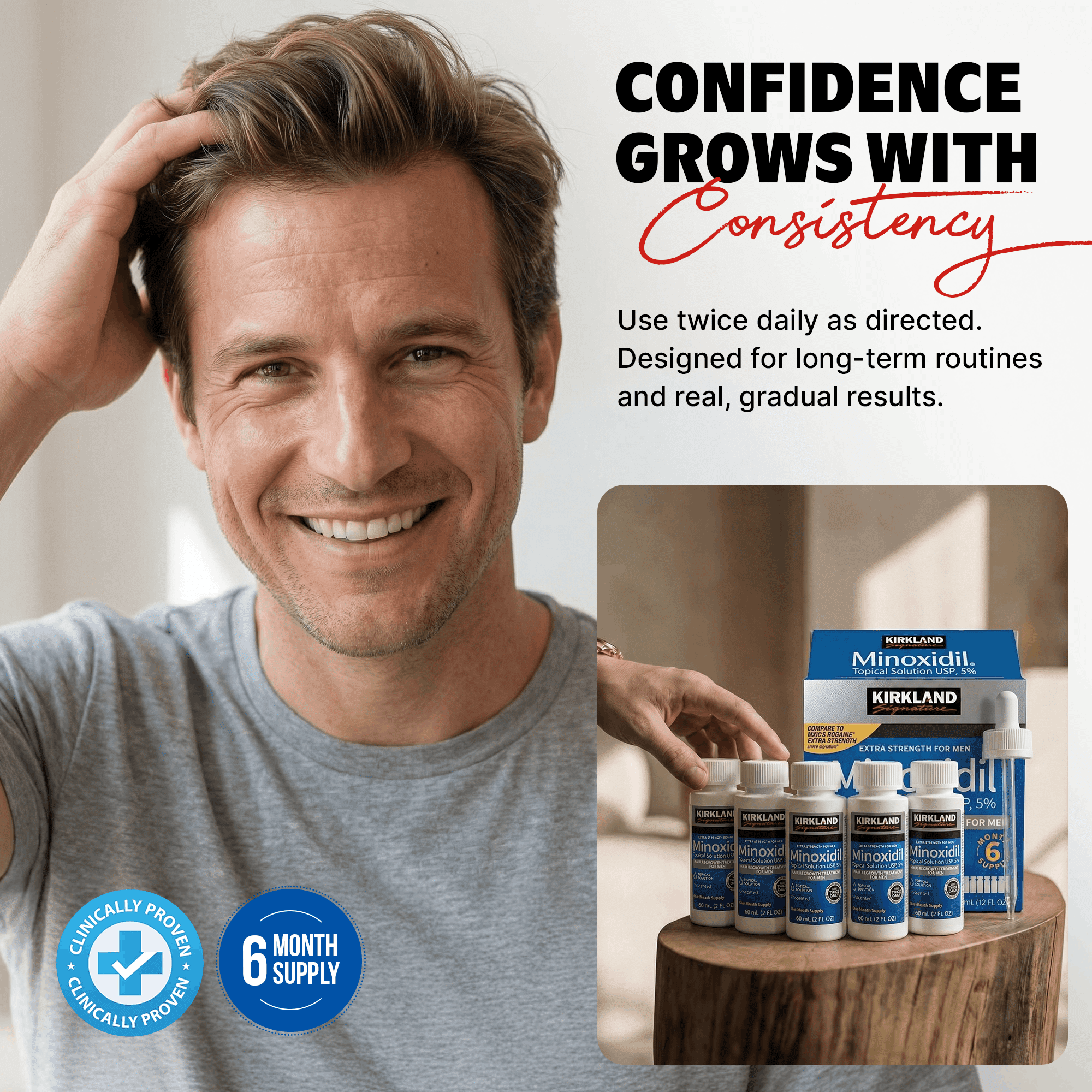 Kirkland Minoxidil 5% for Men, Topical Solution Extra Strength Hair Regrowth Treatment, 6 Months Supply, Total 12 Fl Oz, Premium Dropper Applicator, Exclusive Comb and Bonus Free Guide Included