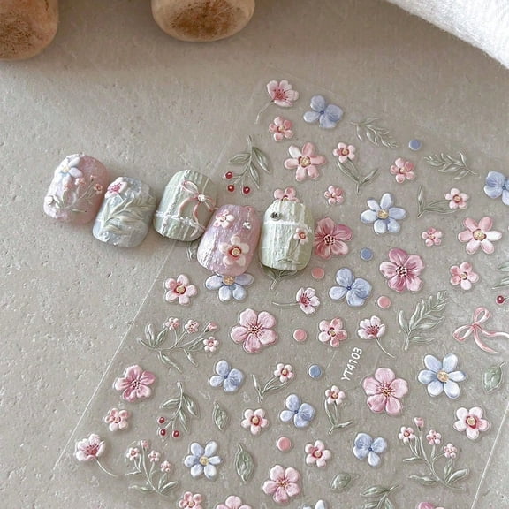 3D Embossed Small Flower Nail Art Stickers, Waterproof Self-Adhesive Pastel Pink Blue Daisy Cherry Blossom Leaf Bow Nail Decals,Romantic Floral Nail Decor Stickers for Salon Home DIY Nails