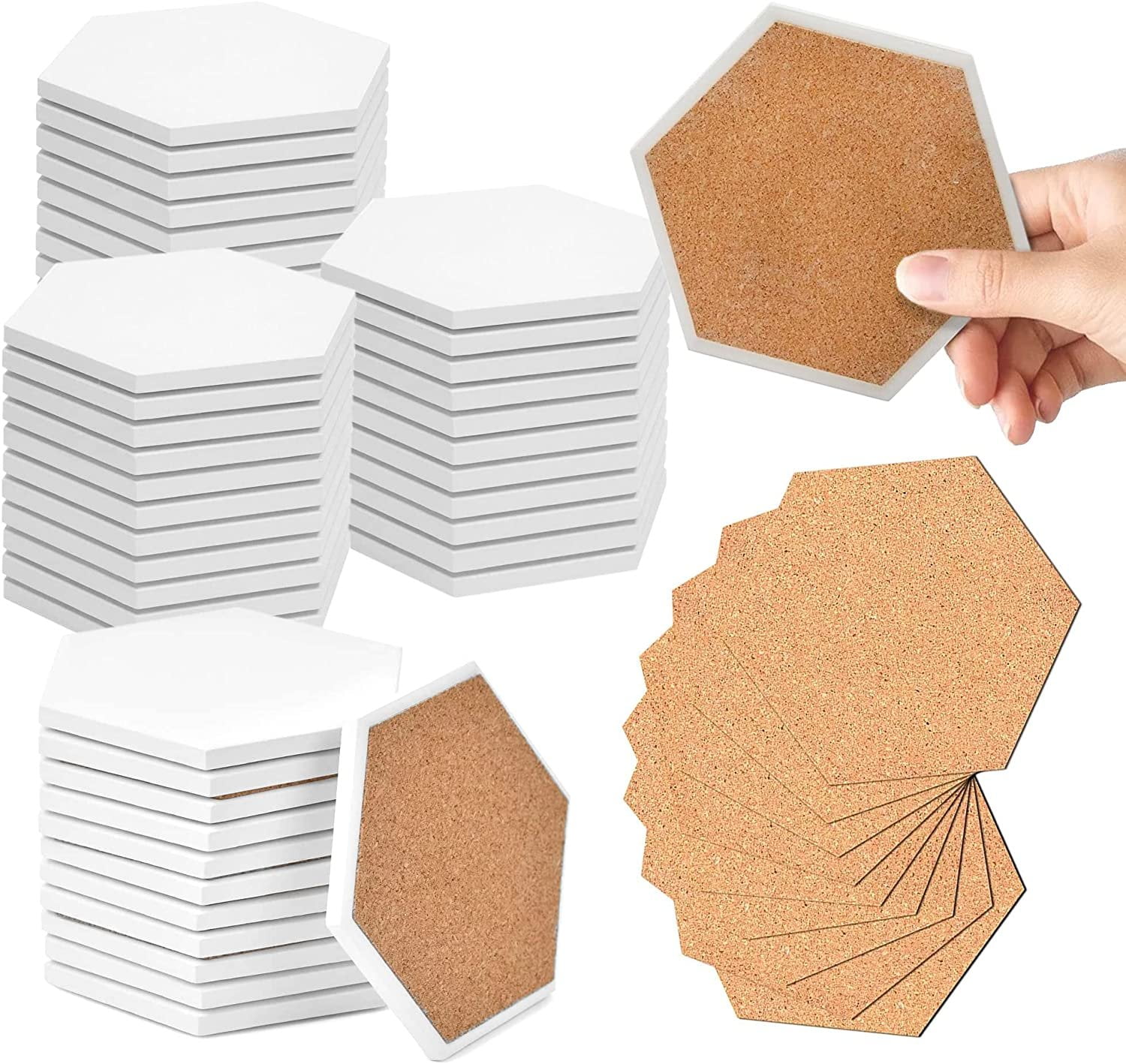 50 Pack Ceramic Tiles for Crafts Coasters, Hexagon White Tiles Unglazed