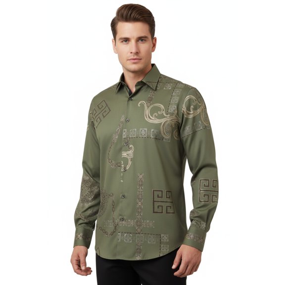 Men Sports Shirt by DE-NIKO Long Sleeves Fashion Print Soft Modal 2F008 Olive