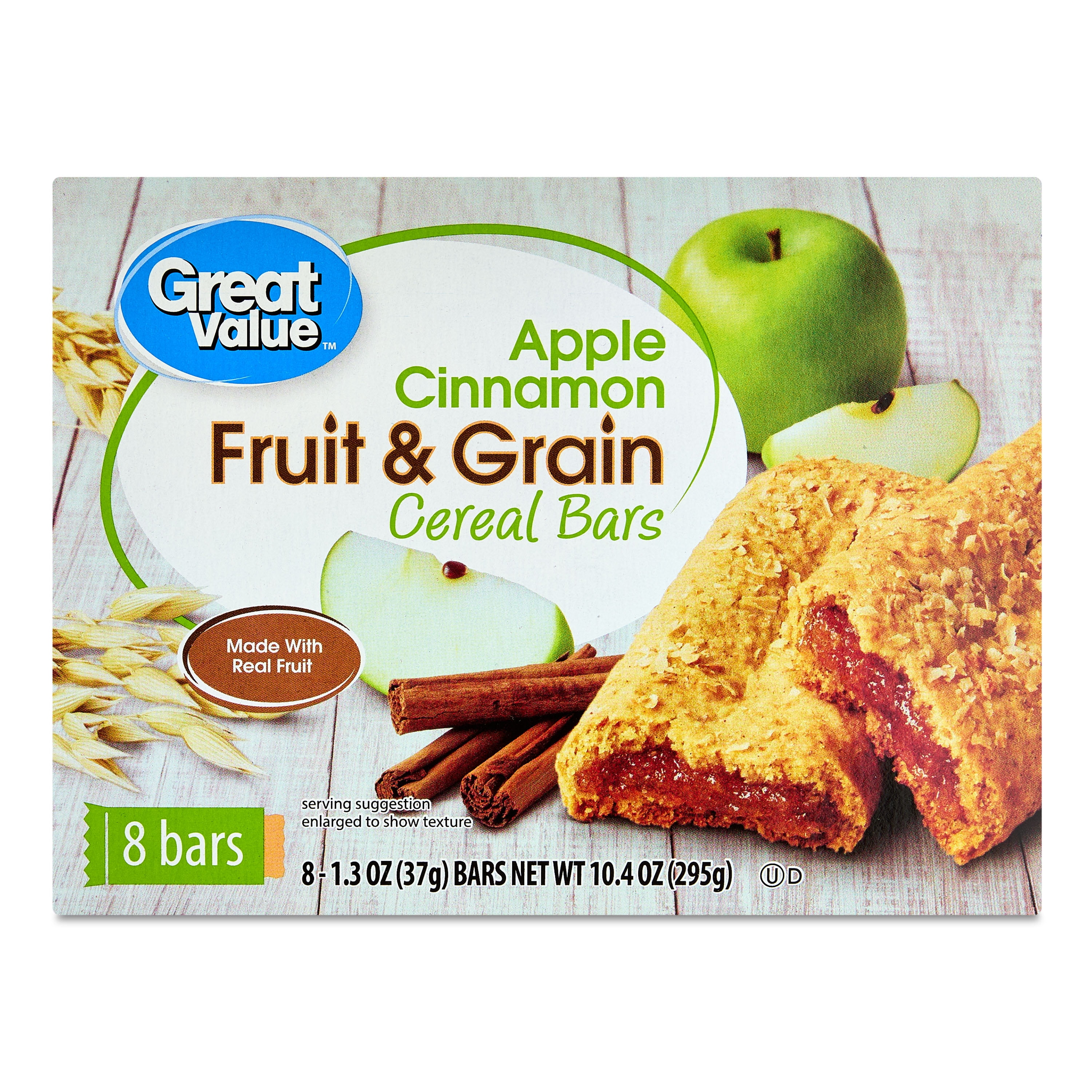 (10 pack) Great Value Fruit & Grain Cereal Bars Apple, Cinnamon, 10.4 oz, 8 Count
