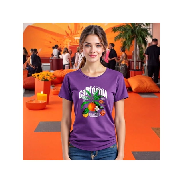 Playera Blusa De Naranjas Los Angeles California – Estilo Cítrico con Vibras del Oeste Color Morado Talla Mediana Marca Emil SaEs