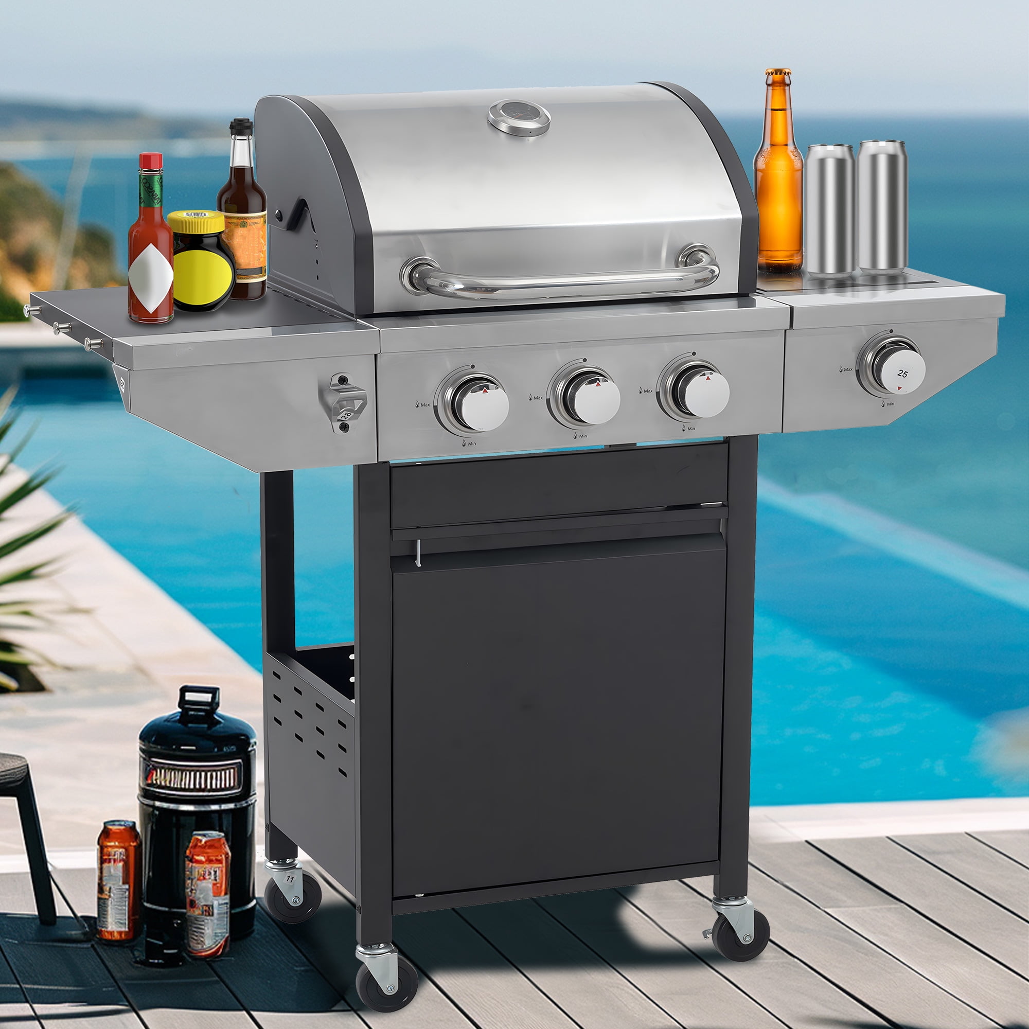 Seizeen Propane Gas Grill, 3 Burners BBQ Grill with Side Burner, Outdoor Camping Grill 430 Stainless Steel, 37150BTU, One-button Ignition System, Thermometer, 4 Wheels