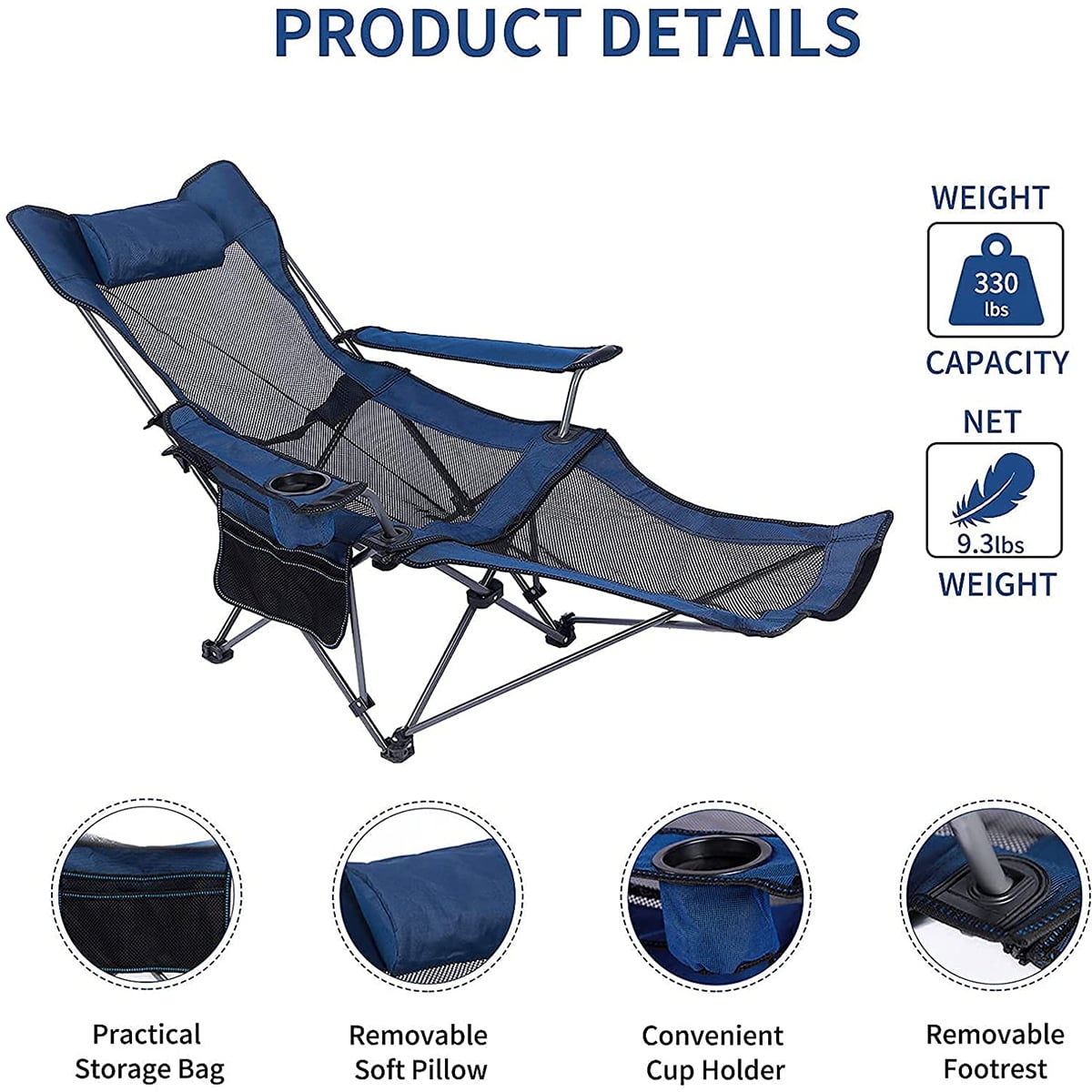 Camping Lounge Chair Portable Reclining Camping Chair Folding Camping Chair  with Footrest,Headrest & Storage Bag,Mesh Recliner with Backpack, 300lbs  Weight Capacity 