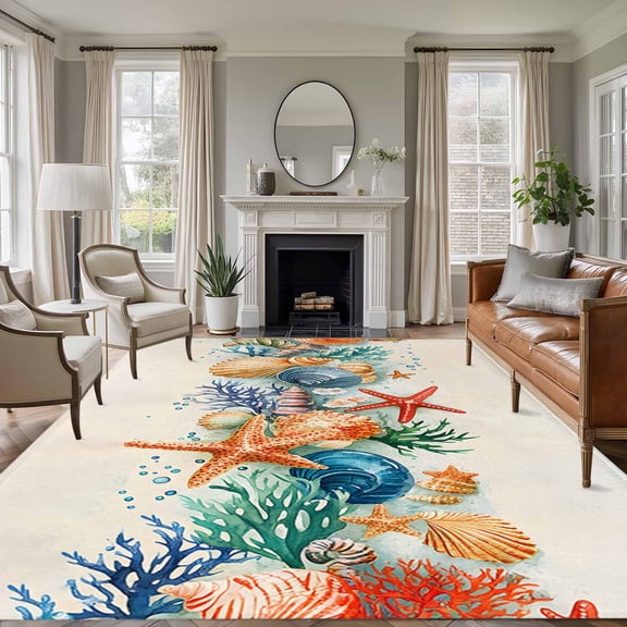 5'x8' Area Rugs, Coastal Indoor Outdoor Area Rug for Living Room Bedroom, Summer Beach Starfish Coral Shell Nautical Washable Bathroom Rugs Kitchen Floor Carpet Mats Home Decor Aesthetic