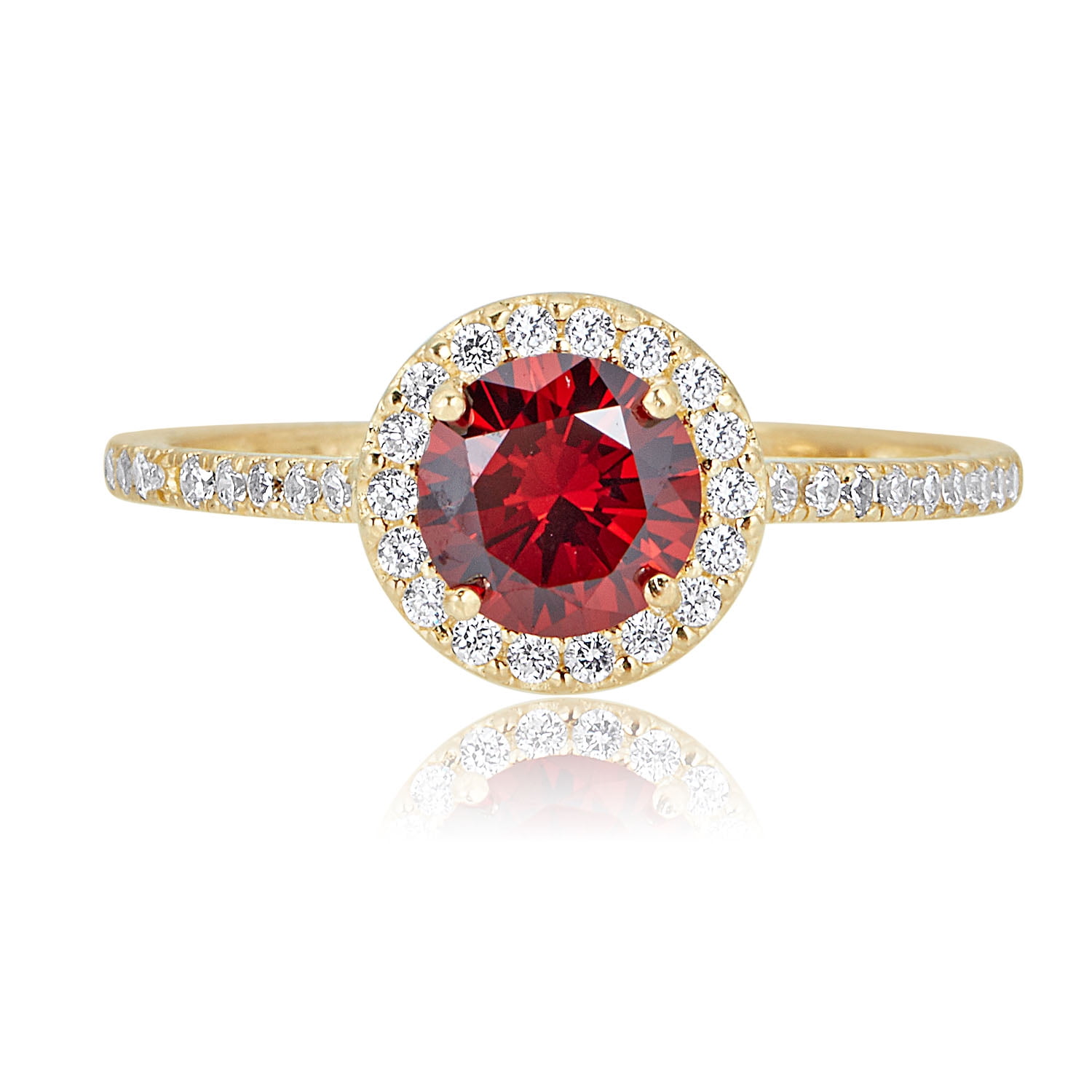 AVORA 10K Yellow Gold January Birthstone-Genuine Garnet with Simulated Diamond CZ Halo Fashion Ring  - Size 7