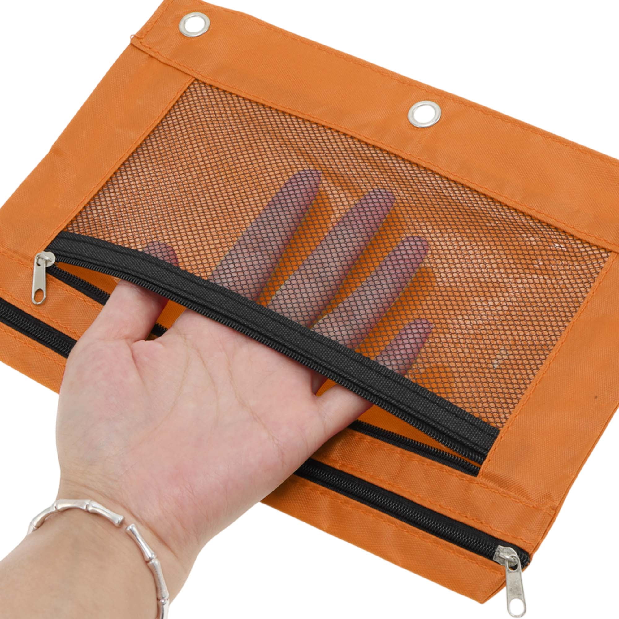 Unique Bargains Smooth Zipper Clear Mesh Double Layer Pencil Case for 3 Ring Binder Orange