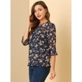 thumbnail image 4 of BluCasual De GaCon Estampado Floral De Man3/4 Con Volantes PaMujer Azul oscuro blanco naranM, 4 of 6