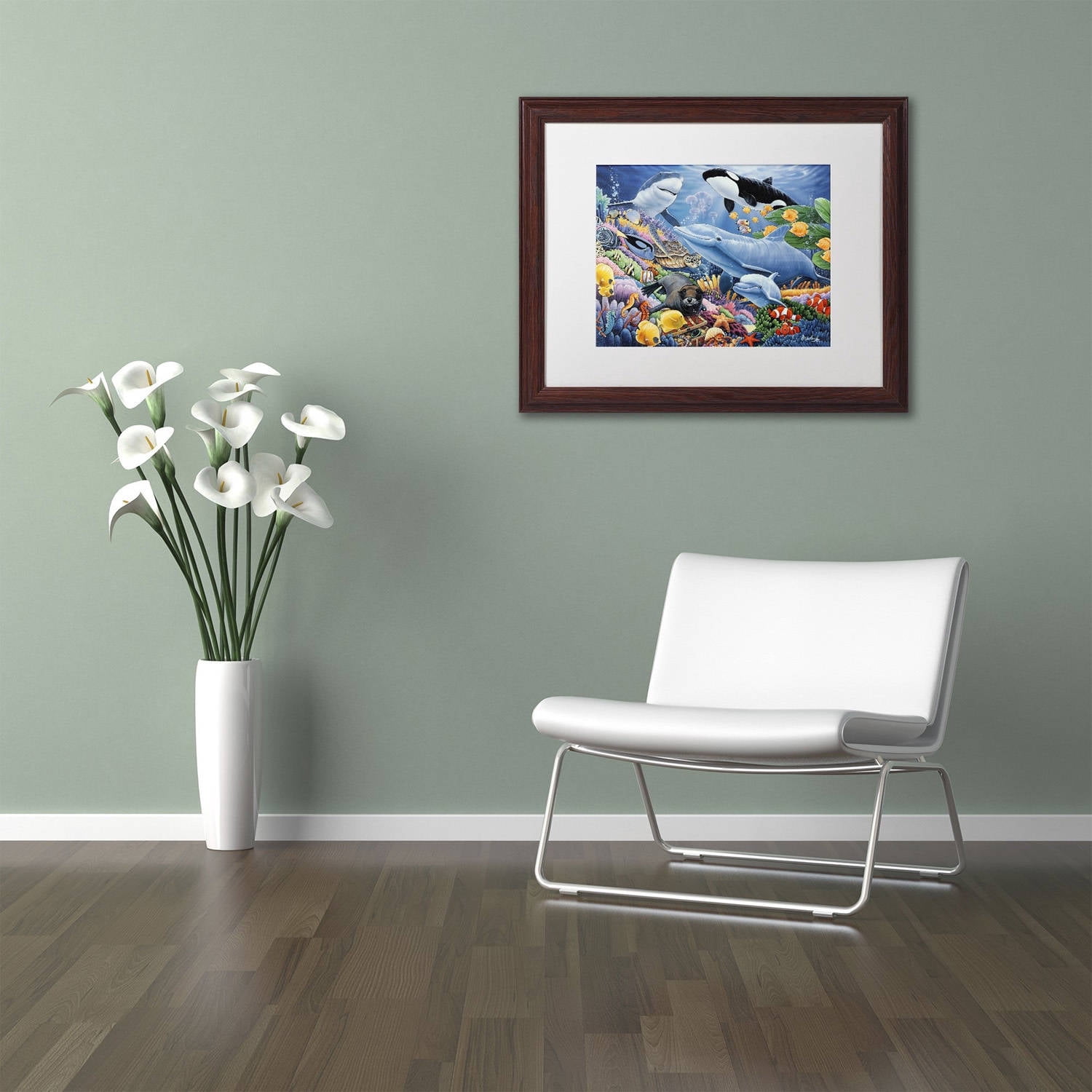 Trademark Fine Art 'Sealife' Canvas Art by Jenny Newland, White Matte, Wood Frame