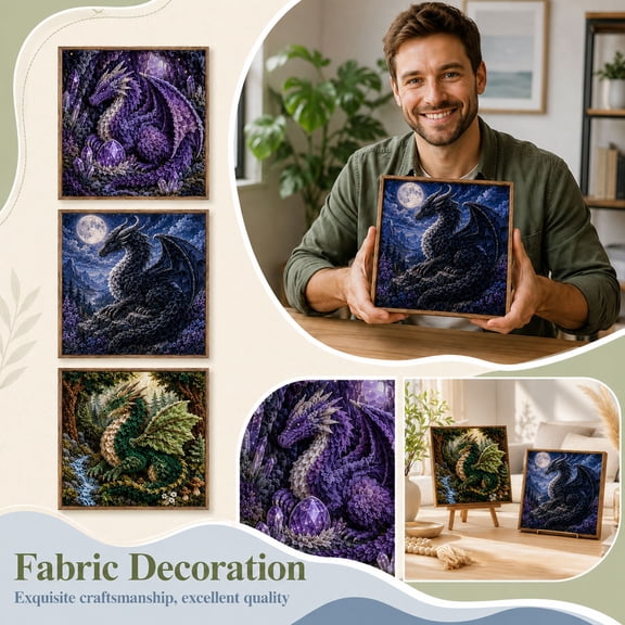 Punch Needle Kit with 8X8 Inch Framed Wall Art for Living Room, Textured 3D Wall Decor with Green Dragon and Forest Design, Rustic Home Decor for Bedroom, Wall Art Set