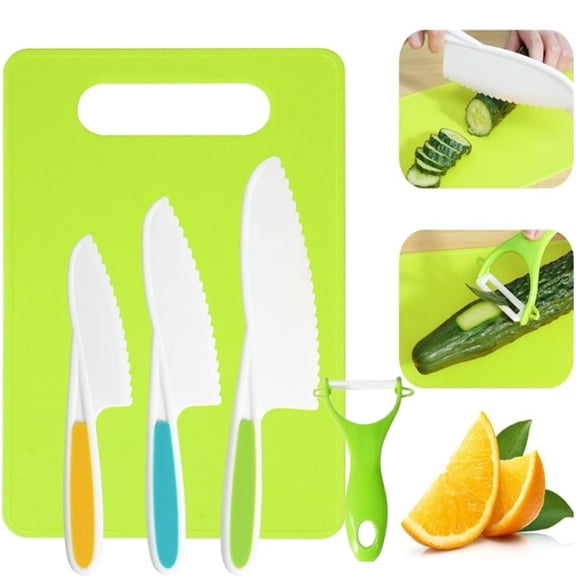 5Pcs Toddler Safe Cooking Knife Set Include 3 Serrated Edges Plastic Toddler Knife, Cutting Boards, Peeler, Friendly Kitchen Set for Real Cooking Kids Cooking Sets
