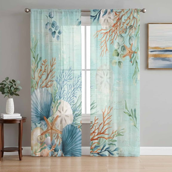Teal Beach Coastal Sheer Curtains 84 Inches Long 2 Panels Set, Window Sheer Curtains for Living Room/Bedroom, Summer Nautical Coral Shell Botanical Light Filtering Rod Pocket Curtain 52''x84''x2