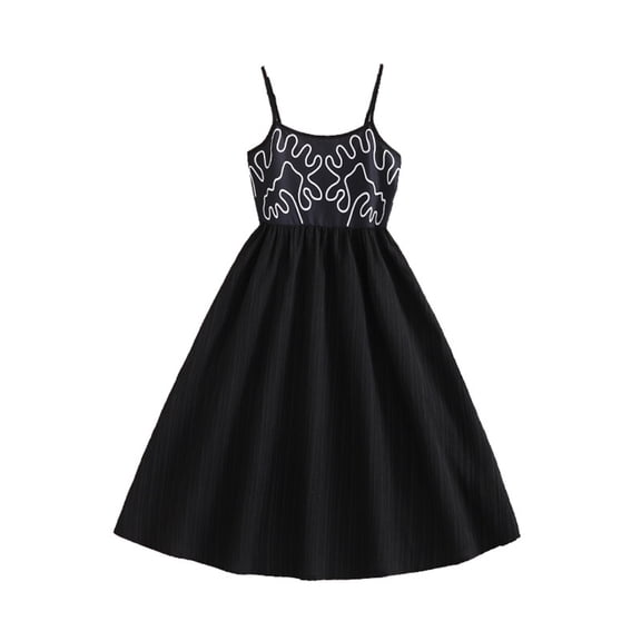 XEGLSBU Girls Dresses Size 10-12 Long Sleeve Girls Summer Dress Fashion Print Spliced Strap Maxi Dress Casual Elegant Swing Long Dress for Kids Black Size 8-9 Years