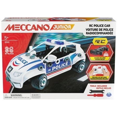 MECCANO Junior, RC Police Car with Working Trunk and Real Tools, Toy Model Building Kit, STEM Toys for Kids Ages 5 and up