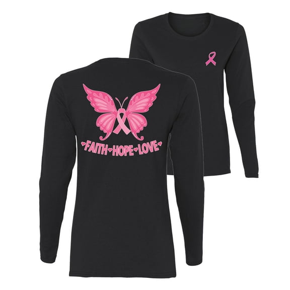 Wild Bobby Breast Cancer Awareness Butterfly Pink Ribbon Faith Hope Love Front and Back Women Long Sleeve Tee, Black, Small