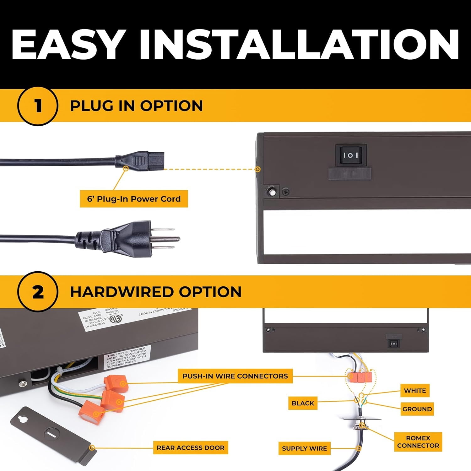 LED Under Cabinet Lighting Hardwired - 3CCT 18 Inch Bronze Finish - Undercabinet Lights for Kitchen - Linkable Undercounter Dimmable Plug in Light or Hard Wired - Under Counter Fixture Direct Wire