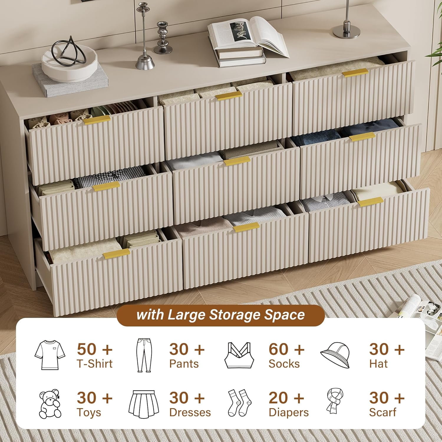 Beige Dresser for Bedroom, Modern Dresser with 9 Drawers and Smooth Slides, Wide Chest of Drawers with Golden Handles for Bedroom, Living Room, Closet, 15.7" D x 63" W x 31.5" H