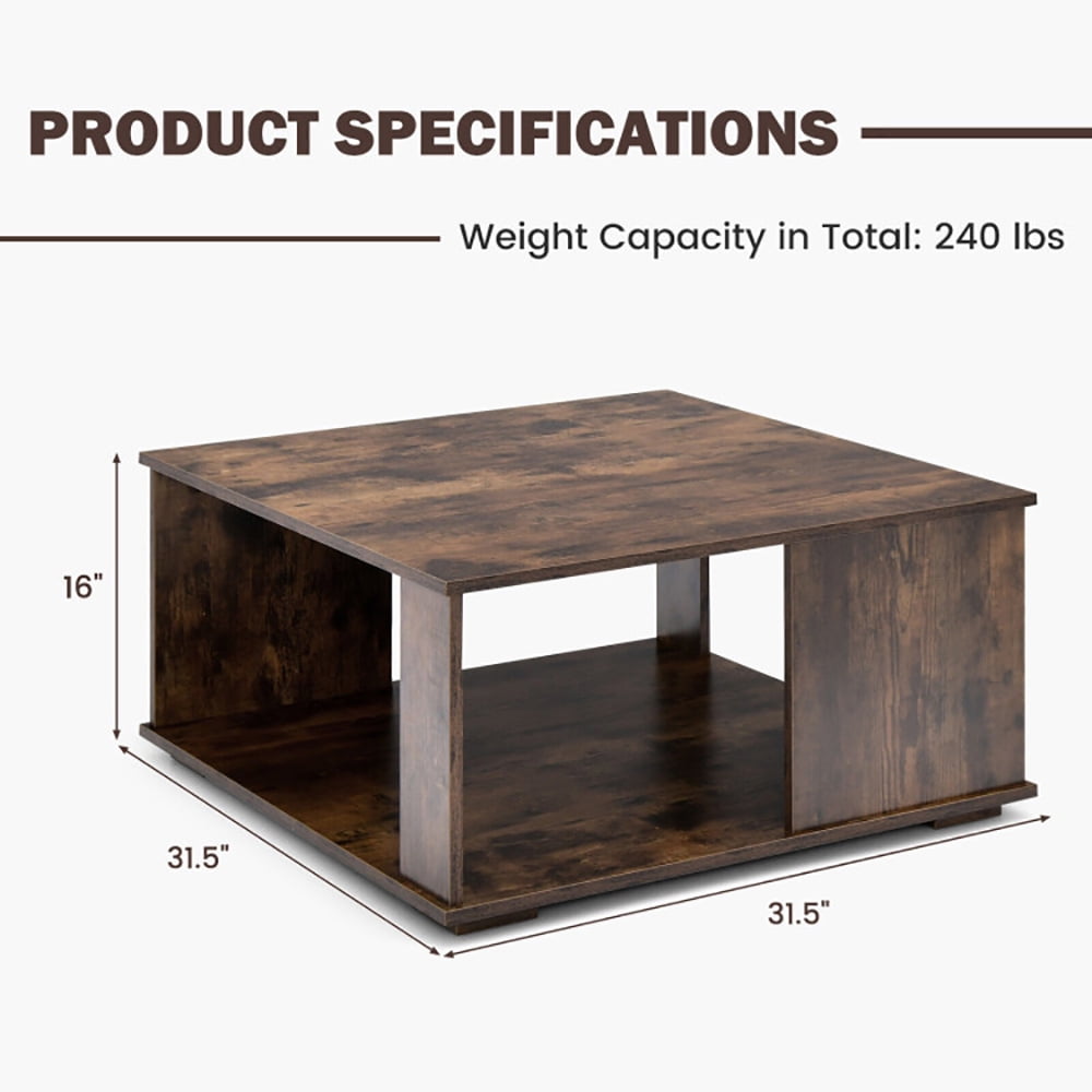 Finihen Square Coffee Table, 2 Tiers Square Coffee Table with Storage and Non-Slip Foot Pads, for Living Room, Reception Room, Rustic Brown