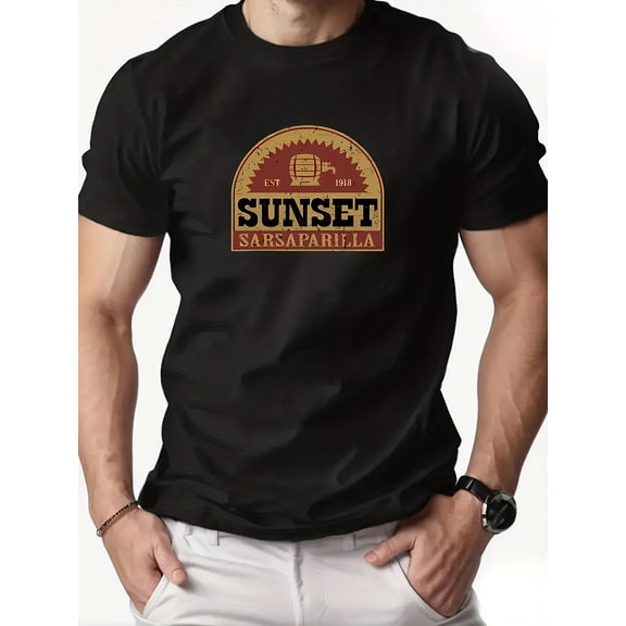 Men'S Black Vintage Style 'Sunset Sarsaparilla' Print T-Shirt, Showcasing American Retro Flair