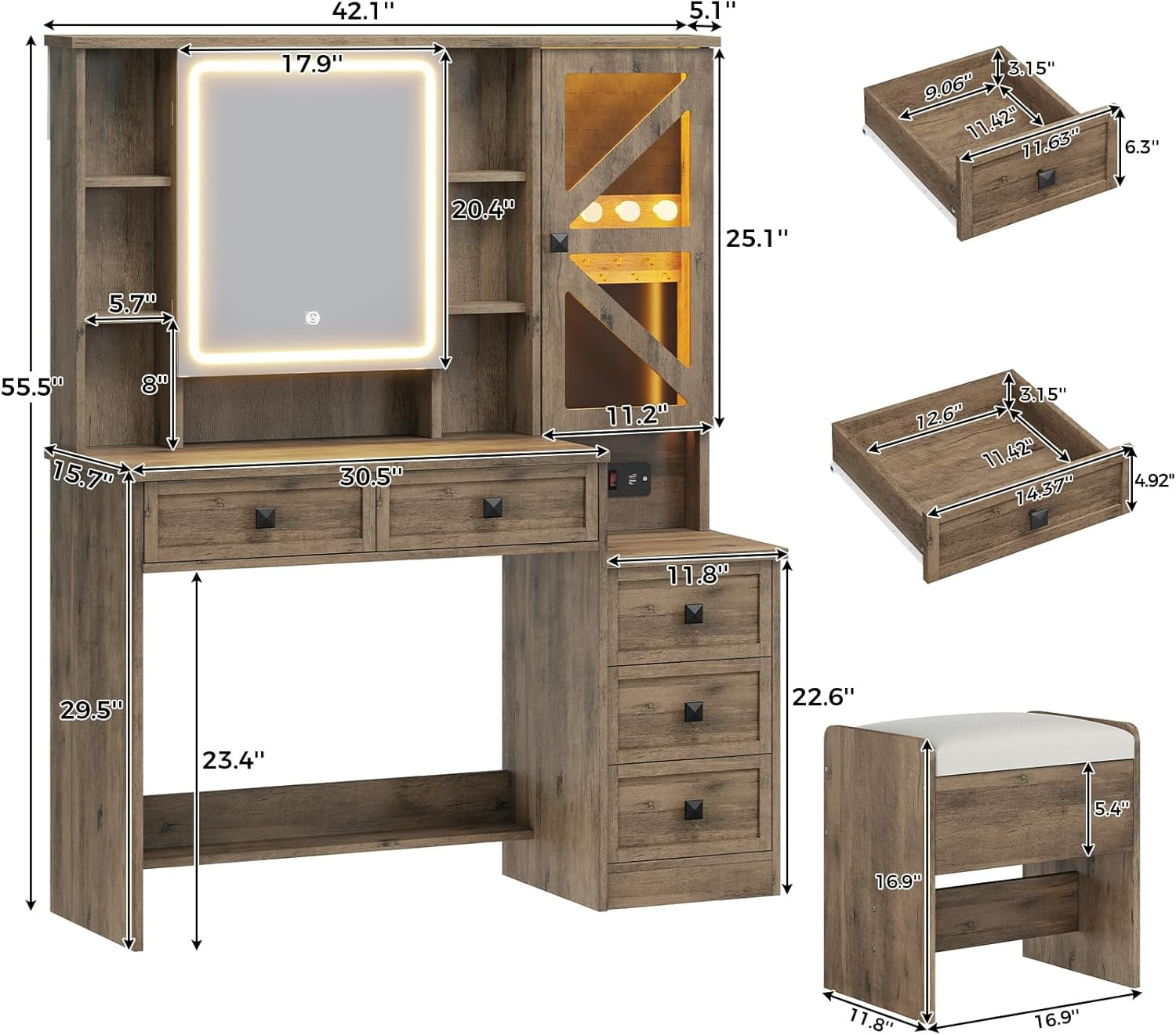 Farmhouse Vanity Desk with Mirror and Lights, Makeup Vanity Set with Lights & Jewelry Cabinet & 5 Drawers, Vanity Table with Charging Station, Hidden Storage Space for Bedroom, Brown