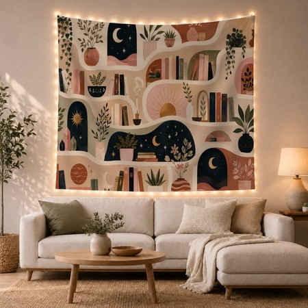 Stylized Bookshelf with Houseplants and Books in a Beige Setting, Whimsical Boho for Book Lovers, Curated Niche Art Decor, Housewarming Gift, Tapestry Wall Hanging for Living Room and Dorm