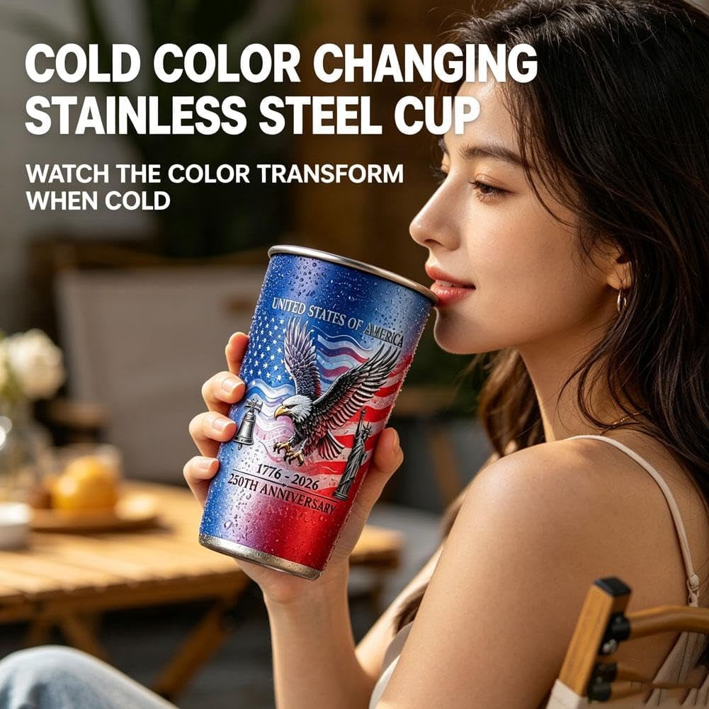 Patriotic Color Changing Cups, 250th Anniversary USA Stainless Steel Tumbler 16.9 oz, Cold Activated Red White Blue Reusable Drinking Mug