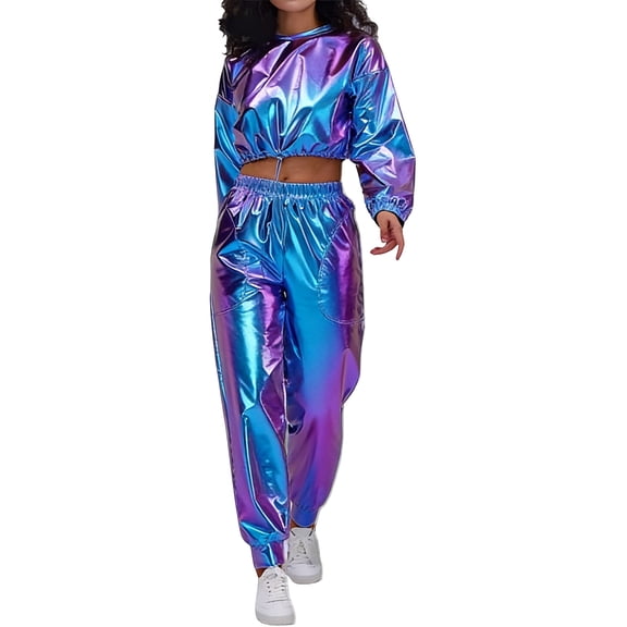 QHFBli Womens Shiny Metallic 2 Piece Outfits Colorblock Holographic Jogger Long Sleeve Crop Hoodie Sweatsuit Sets